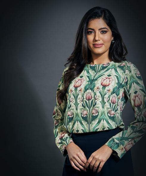 Scoop Neck Long Sleeve Printed Top