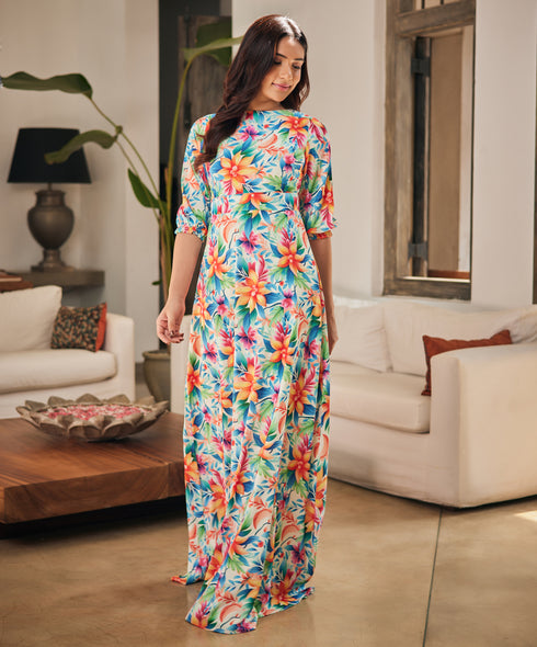 Half Puffed Sleeve Printed Maxi Dress