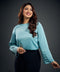 Long Sleeve Pleated Blue Satin Top