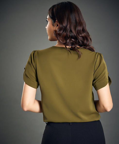 Khaki Chiffon Top With A Button