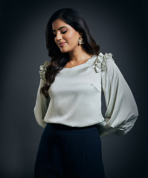 Sleeve Detailed Shoulder Frilled Long Sleeve Top-Lime