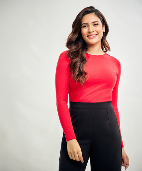 Long Sleeve Round Neck Rib Top- Red