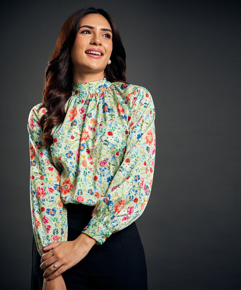 Standing Collar Raglan Sleeve Satin Blouse