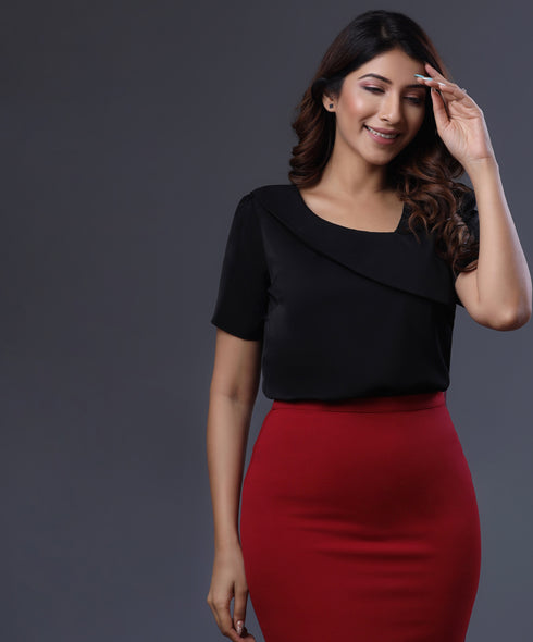 Solid Asymmetrical Neck Puff Sleeve Blouse