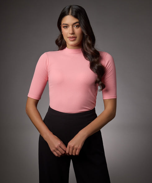 Short Sleeve High Neck Rib Top- Peach Pink