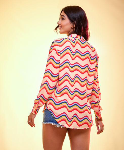 Oversized chiffon colored waves printed shirt