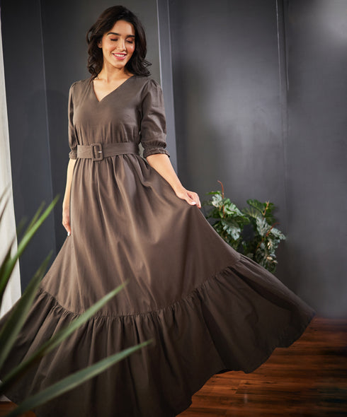 Vneck Linen Maxi Dress With Belt