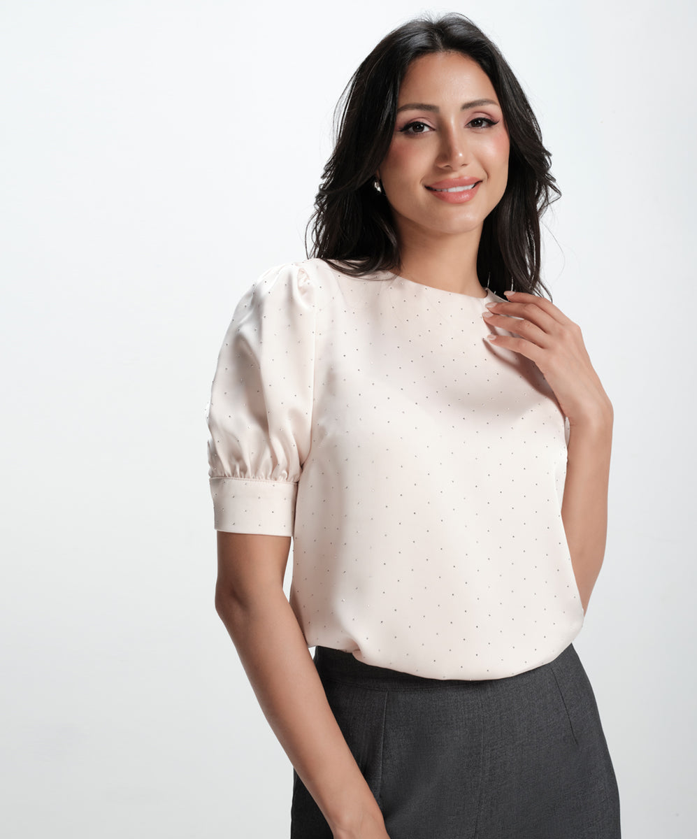 Dotted Satin Shirt - Beige