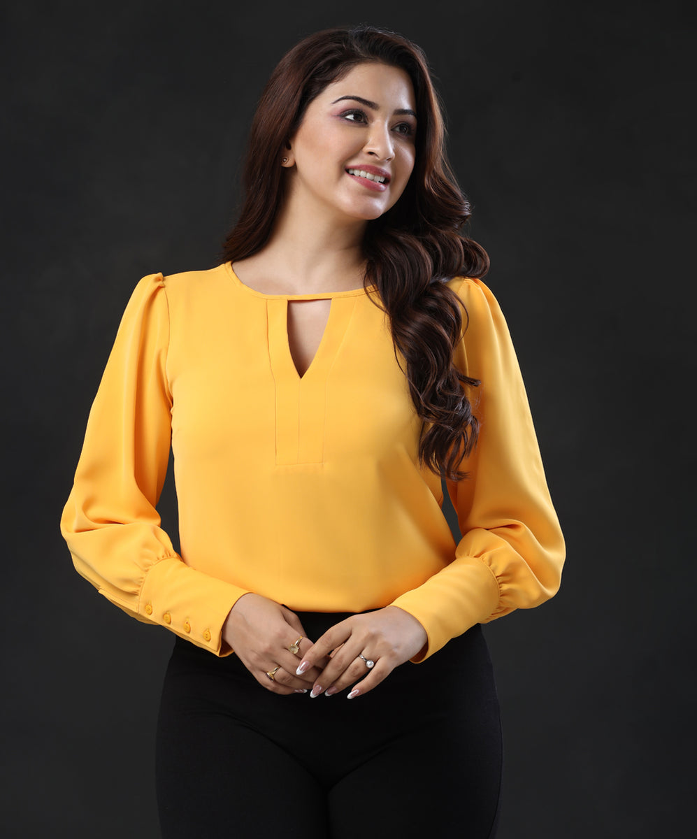 Long Sleeve Yellow Chiffon Top Zigzag