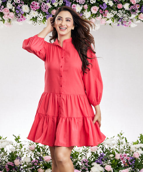 Mini Puffed Sleeve Red Cotton Dress