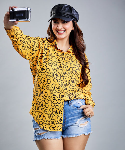 Oversized Chiffon Bear Printed Orange Shirt