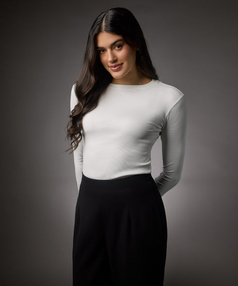 Long Sleeve Round Neck Rib Top- Off White
