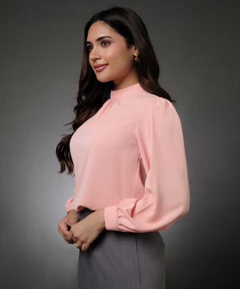 Long Sleeve Neck Pleated Chiffon Top-Peach