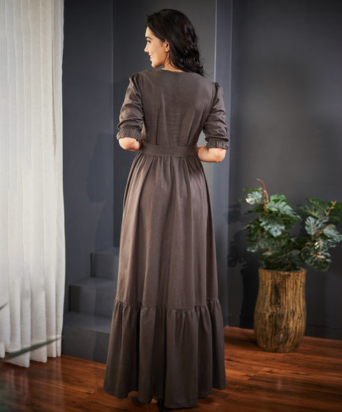 Vneck Linen Maxi Dress With Belt