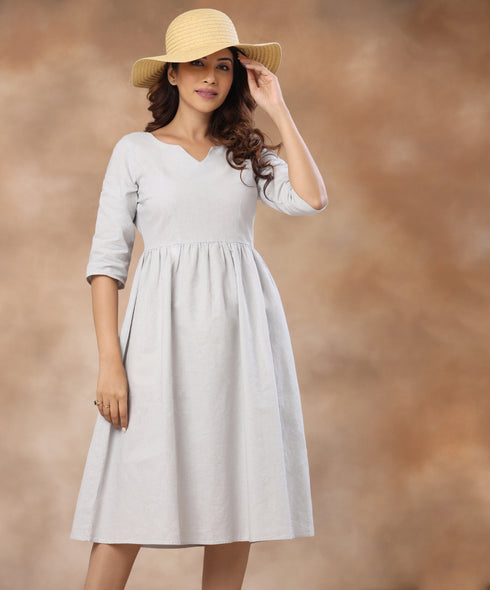 Neck Detailed Loose Fitted Linen Dress