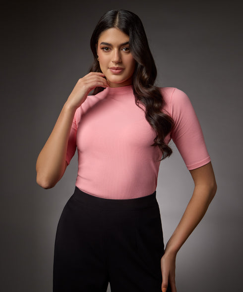 Short Sleeve High Neck Rib Top- Peach Pink
