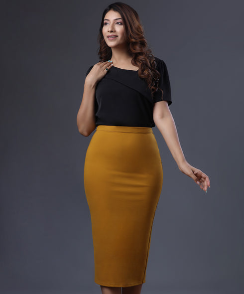 Bodycon Midi Ponte Mustard Skirt