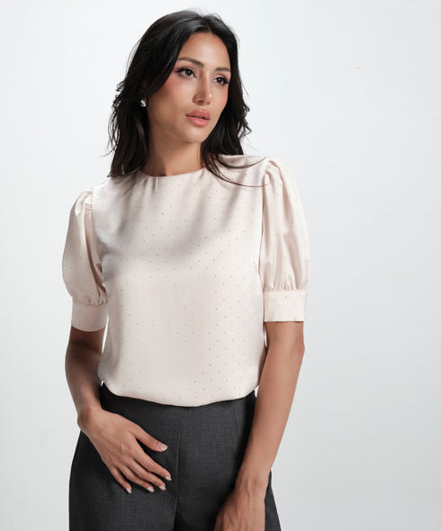 Half Sleeve Glitter Dotted Satin Top