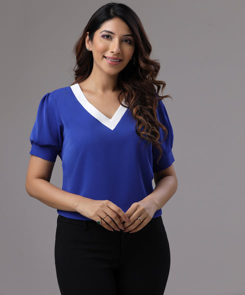 Two Tone Puffed Sleeve Blue Blouse