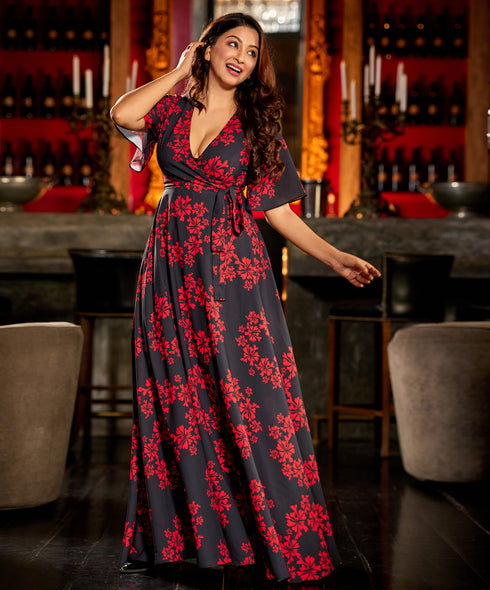 Vneck Puffed Sleeve Maxi Dress