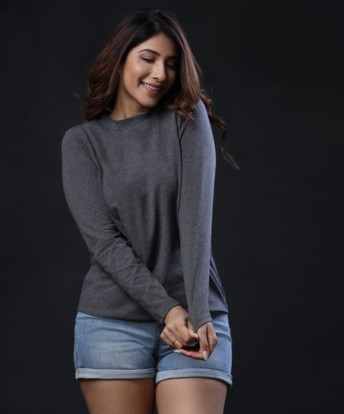 Basic Crew Neck Long Sleeve Grey Tshirt