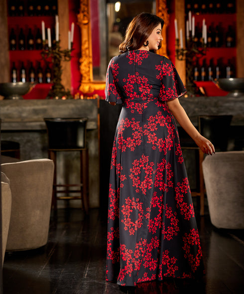 Vneck Puffed Sleeve Maxi Dress