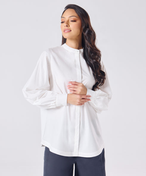 Mandarin Collar Cotton Oversized Shirt- Offwhite