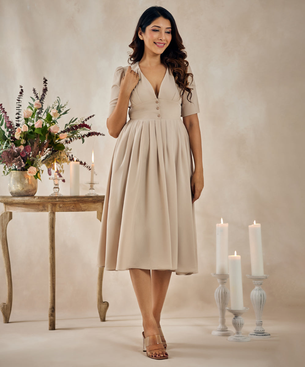 Embroidered Beige Elegant Dress – Zigzag
