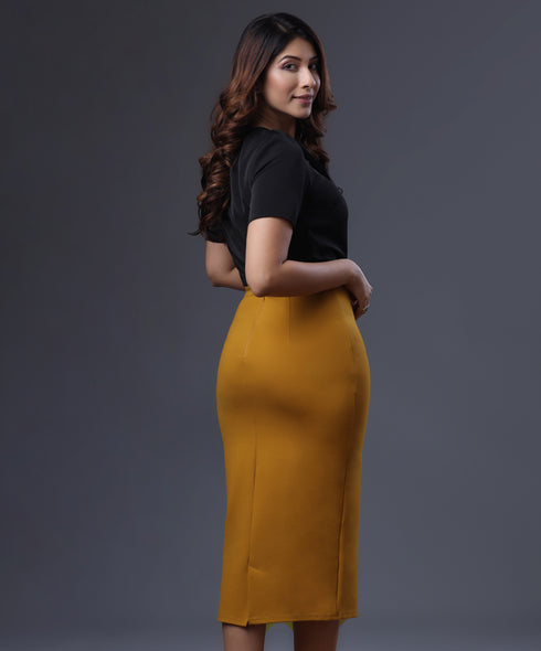 Bodycon Midi Ponte Mustard Skirt