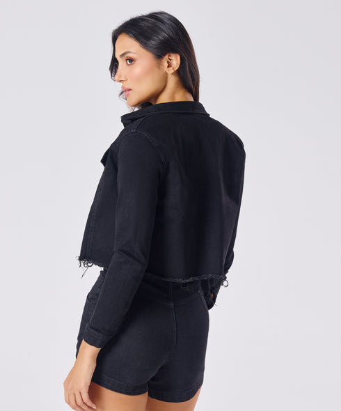 Hem Frayed Black Denim Jacket