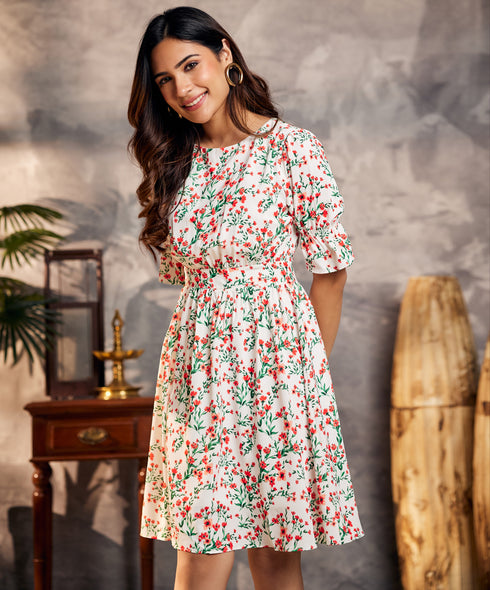 Shirred Floral Print White Dress