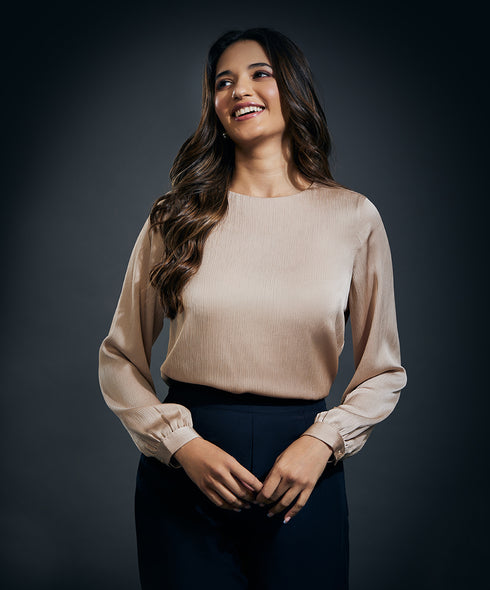 Long Sleeve Crepe Satin Top-Beige