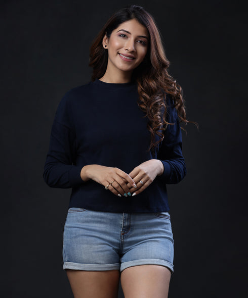 Long Sleeve High Neck Navy Crop Tshirt