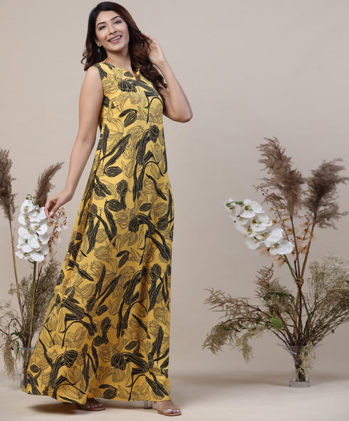 Loose Fitted Printed Yellow Maxi Dress