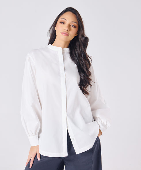 Mandarin Collar Cotton Oversized Shirt- Offwhite