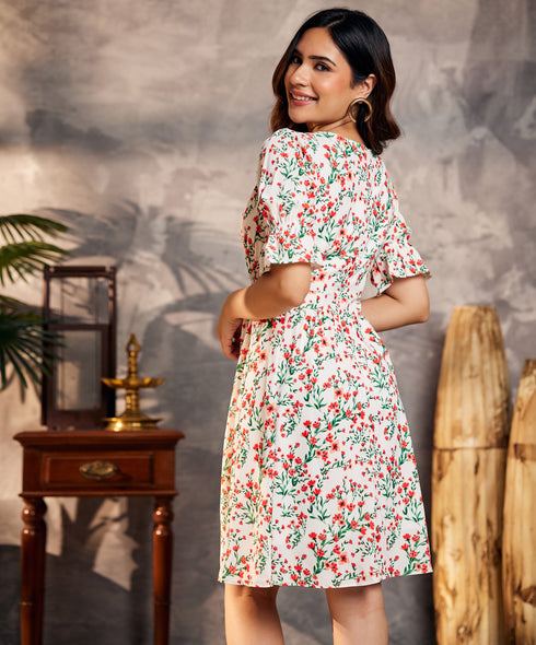 Shirred Floral Print White Dress