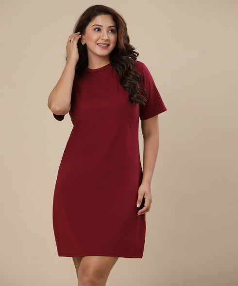 Casual Short Sleeve Maroon Tee Dress