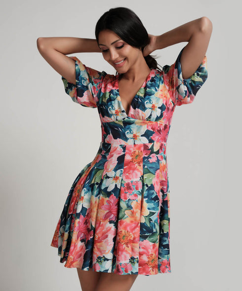 Deep Plunged Neck Printed Mini Dress