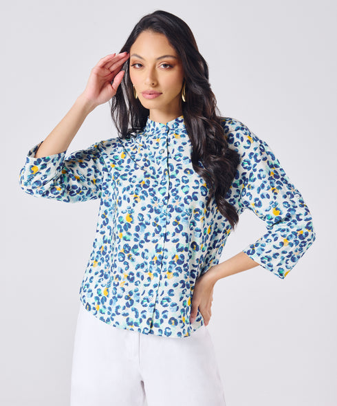Mandarine Collar Blue Printed Roll Up Sleeve Top