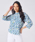 Mandarine Collar Blue Printed Roll Up Sleeve Top