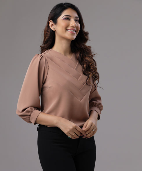 Front Side Pleated Brown Chiffon Top