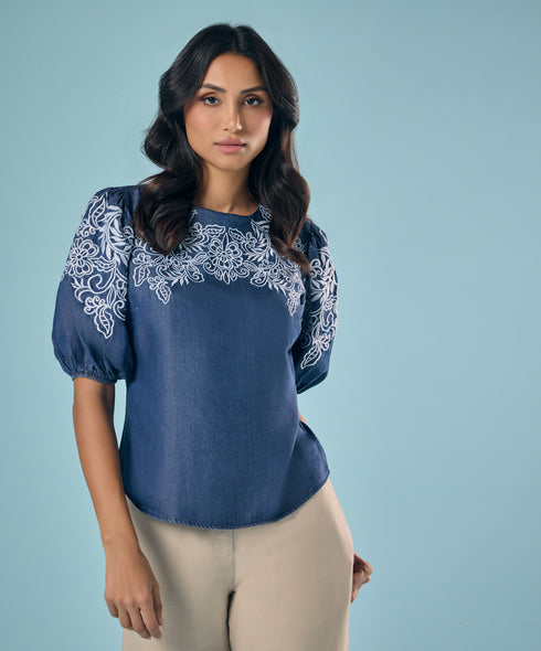 Embroidery And Cut Work Dark Blue Top