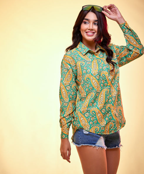 Oversized yellow & green printed shirt