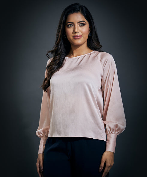 Long Sleeve Round Neck Top-Cream