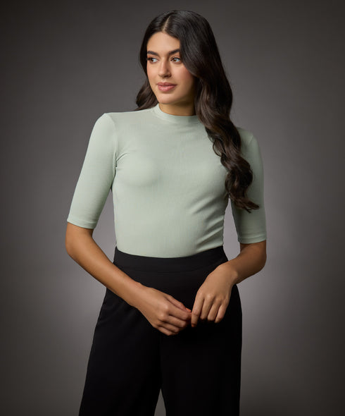 Short Sleeve High Neck Rib Top- Baby Green