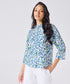 Mandarine Collar Blue Printed Roll Up Sleeve Top