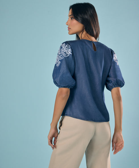 Embroidery And Cut Work Dark Blue Top
