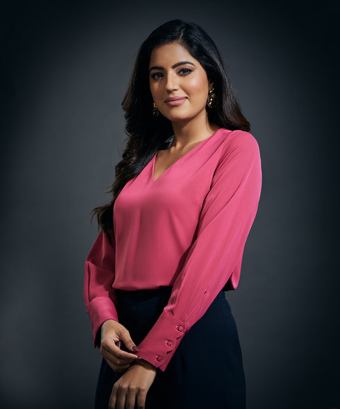 Cuff Scalloped Chiffon  Top-Pink