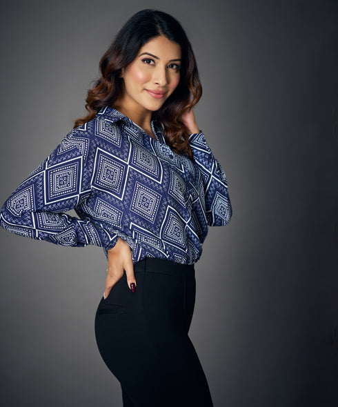 Oversized Ladies Blue Printed Shirt