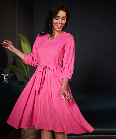 Puffed Sleeve Vneck Pink Linen Dress